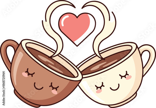 Cute Coffee Cups in Love Heart Shape Vector Illustration