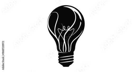 A striking black and white illustration of a classic light bulb design rendered as a silhouette