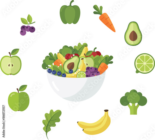 Flat lay illustration of a white bowl filled with assorted colorful fruits and vegetables surrounded by additional produce on a clean white background.