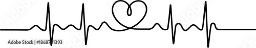 Continuous one line drawing of heart shape with heartbeat pulse line symbolizing health insurance and medical vitality, Minimalist continuous line drawing of a heart rate monitor line ending