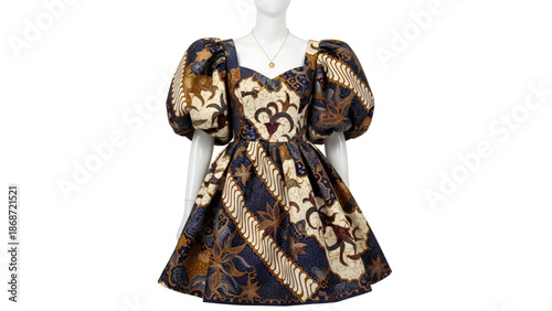 A stunning 1990s puff-sleeve designer dress with a unique batik-inspired print and sweetheart neckline