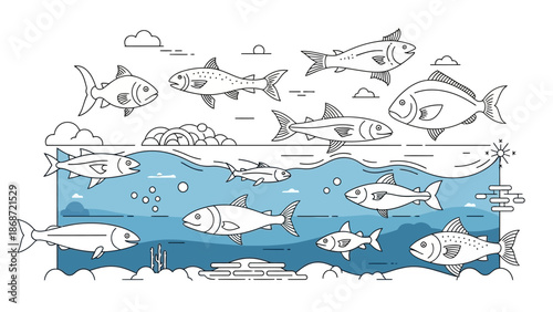 Vector illustration of a seamless pattern featuring a set of sea animals including dolphins and fish in a blue ocean water landscape with summer sun and waves design