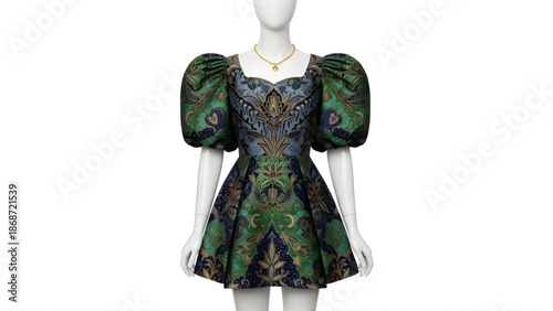 Exquisite Baroque Brocade Mini Dress, Voluminous Puff Sleeves, Intricate Gold Patterns, Elegantly Displayed on Mannequin, Highlighting Luxury Fashion Apparel