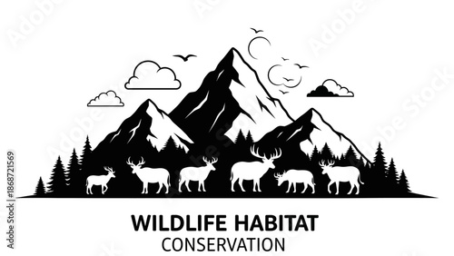 A winter mountain camping landscape featuring a cartoon tent illustration with silhouette trees and a sunset sky for a nature holiday travel card design