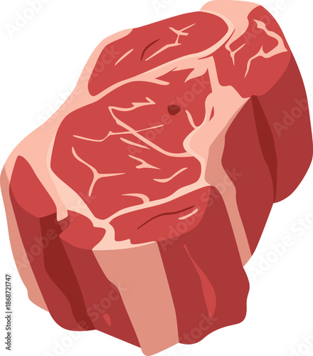 A raw cut of beef with visible marbling on a white background, showcasing red and pink hues.