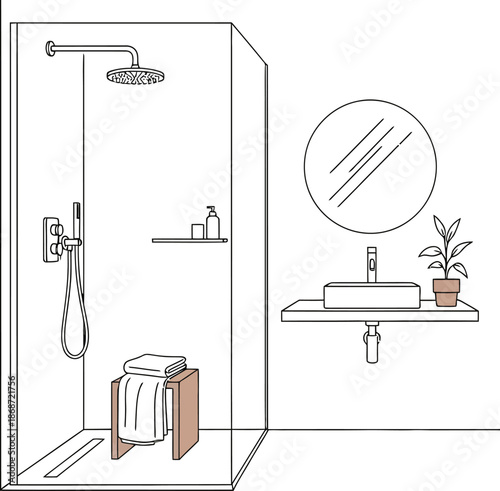 Minimalist line art illustration depicting a modern bathroom interior featuring a walk in shower enclosure with a rain head faucet and a floating vanity with a vessel sink and circular mirror above