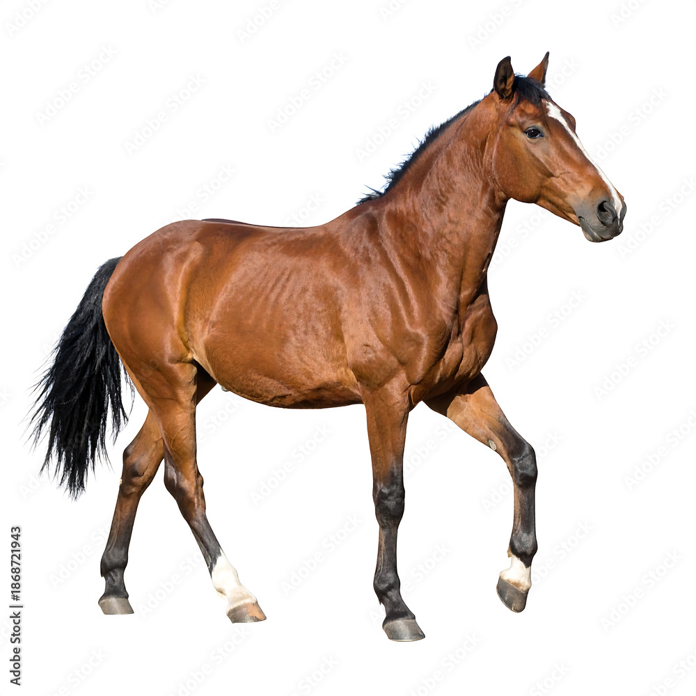 Obraz premium Majestic Bay Horse Walking on White Background – Thoroughbred Stallion Portrait