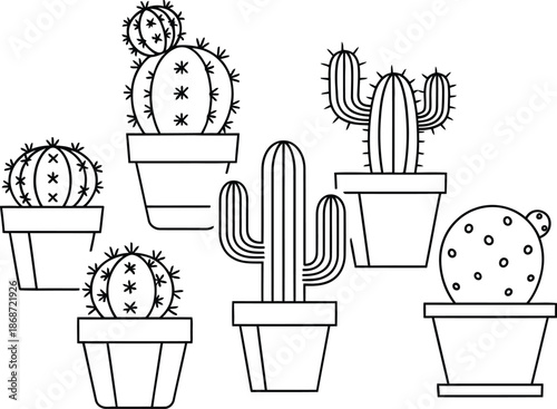 Collection of six different stylized potted cactus and succulent illustrations presented in simple black and white line art perfect for graphic design projects or botanical themed decorations.
