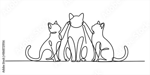 A minimalist continuous line drawing portraying a trio of cats sitting closely together on a white background Vector, illustration