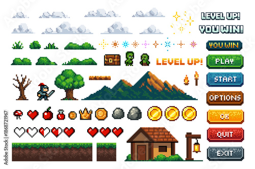 Set of elements in the style of pixel graphics, retro game, for adventure arcade level design. 80s - 90s style