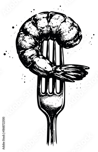 Hand drawn illustration of a shrimp on a fork depicting fresh seafood for culinary design