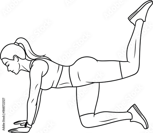 Outline illustration depicting a fit woman performing the donkey kick exercise on her hands and knees to strengthen and tone her gluteal muscles during a home or gym workout session.