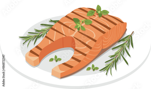 Grilled salmon fillet on a white plate with rosemary and microgreens, flat lay from above with a clean background.