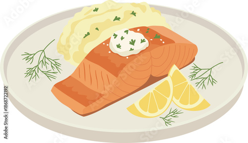 Flat lay illustration of grilled salmon fillet with mashed potatoes, sour cream, dill, and lemon slices on a plate against a white background.
