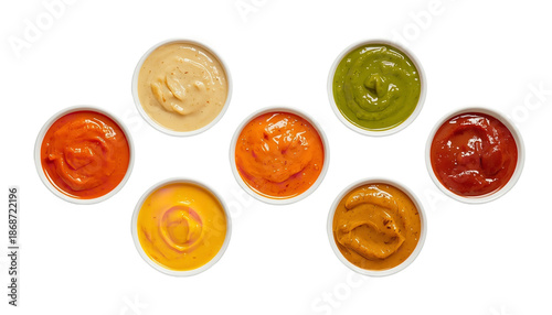 A variety of colorful sauces in small white bowls on transparent background
