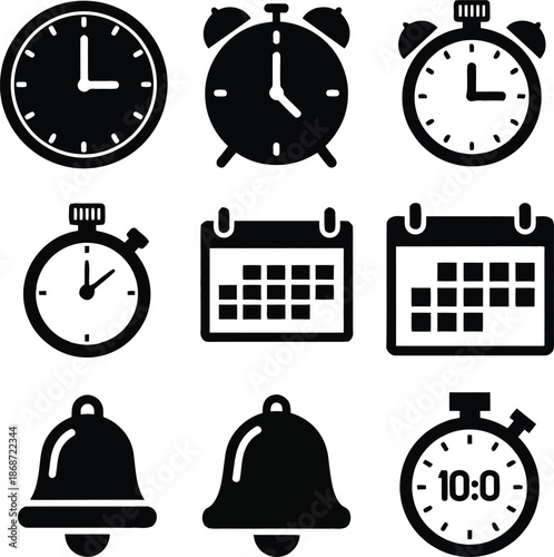 Collection of black time and calendar icons on white background