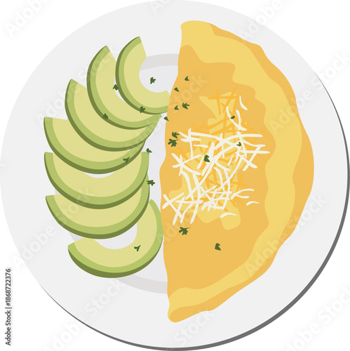 Illustration of sliced avocado and cheese omelet on a white plate, with a clean and minimalist background.