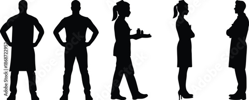 Men and women standing silhouette set illustrating communication, discussion, body language, teamwork, professional interaction, lifestyle poses concept isolated background