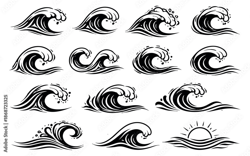 Fototapeta premium Hand drawn line art ocean waves set featuring various breaking water, splashing crests, and a sun for marine designs