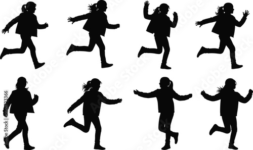 Running child silhouettes set showing playful kids in motion, energetic jumping and joyful movement poses