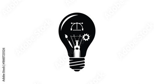 A striking black silhouette of a lightbulb containing intricate gears and a creative design silhouette