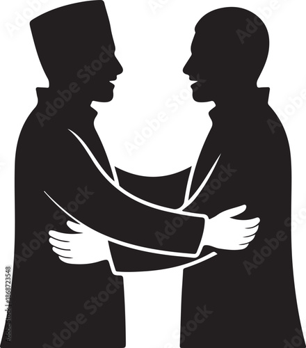 Two men in silhouette performing a warm greeting embrace or hug showing connection