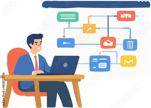 A clean flat illustration showing a professional man working on a laptop while visual workflow automation blocks and connected app icons are displayed on a large digital board.