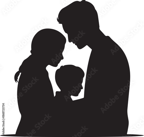 Affectionate silhouette of a loving family showing a father, mother, and their young child in an embrace