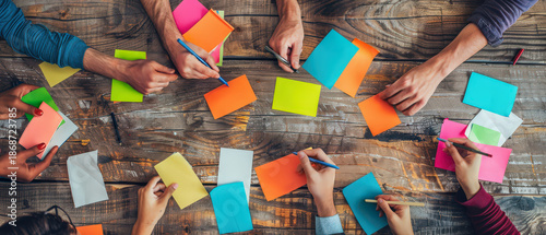 Creative team brainstorming ideas around a wooden table using colorful sticky notes. Collaboration, planning, innovation process, teamwork and modern business workshop concept. © petrrgoskov