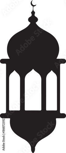 Elegant black silhouette of an ornate Islamic lantern topped with a distinct crescent moon symbol