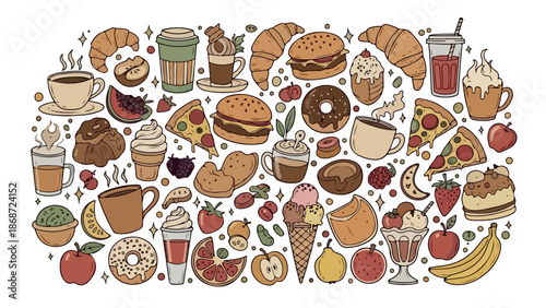 Delicious Assortment of Fast Food and Desserts Collection.