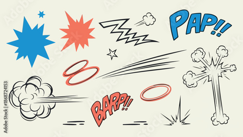Dynamic Comic Book Elements Collection with Explosions and Action Lines.