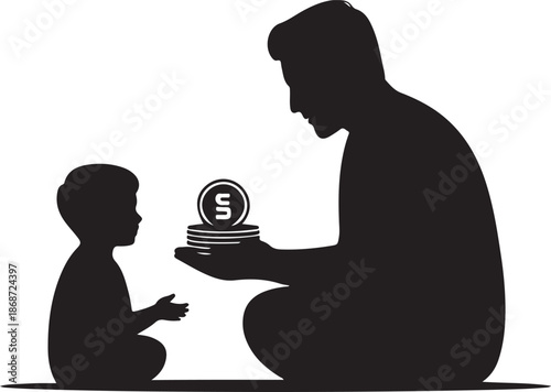 Silhouette of a father figure generously giving a stack of coins to a young child