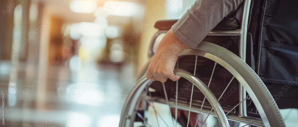 Obraz premium Close up of a person using a wheelchair in a modern hospital corridor. Concept of accessibility, mobility, healthcare support, disability rights and inclusive medical environment.