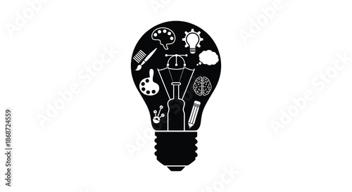 A black silhouette of a lightbulb filled with creative concepts and symbols representing innovation