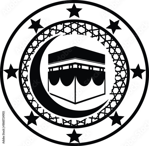 Kaaba Mecca Islamic Vector Illustration Emblem with Crescent Moon and Geometric Star Border for Hajj.
