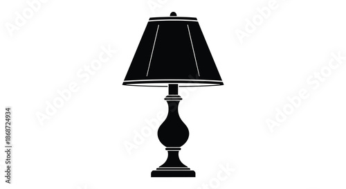 A detailed depiction of a classic table lamp rendered in a striking black silhouette