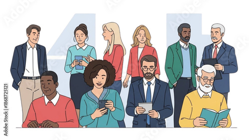 Diverse Professionals Engaged with Digital Devices in a Modern Setting