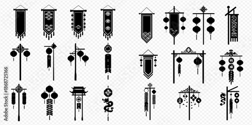 Set of traditional Asian banners, flags, and lanterns in black and white silhouette style, perfect for cultural designs.