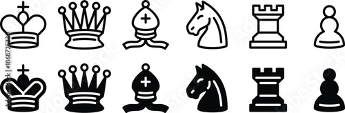 Chess pieces icon set, two versions - white and black. Vector illustration.