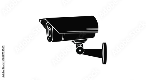 A detailed depiction of a modern security camera with a dark simplistic silhouette