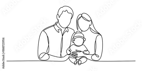 A minimalist single line drawing of a family with a baby Vector, illustration