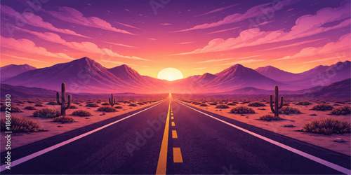 An empty asphalt highway stretches toward a scenic mountain horizon under a sunset sky during a desert road trip journey through the California valley landscape