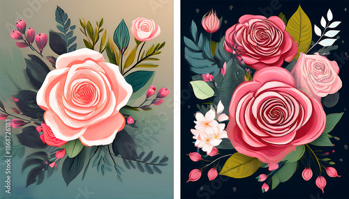 Beautiful flower collection of posters with roses, leaves, floral bouquets, flower composition
