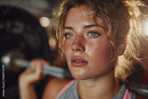 Determined Young Overwieght Woman Sweating During Weightlifting Workout