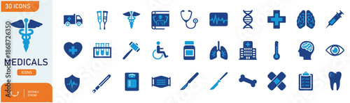 Medical Icons Vector Set of 30 Healthcare Symbols Including Hospital, Doctor, Medicine, Ambulance, DNA, Heart, Lungs, Brain, Injection and Medical Equipment for UI, App, Web and Infographic Design