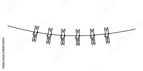 A simple black and white line art illustration of several clothespins hanging on a clothesline Vector, illustration