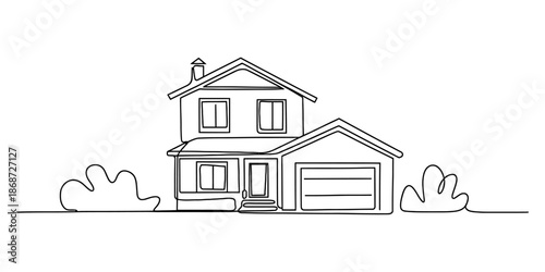A continuous single line drawing of a suburban house with a garage and bushes Vector, illustration