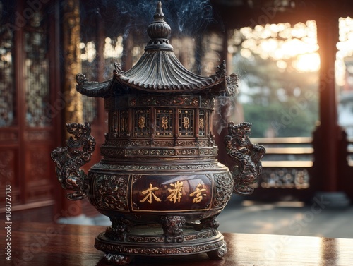 Ornate incense burner with smoke in traditional temple setting  