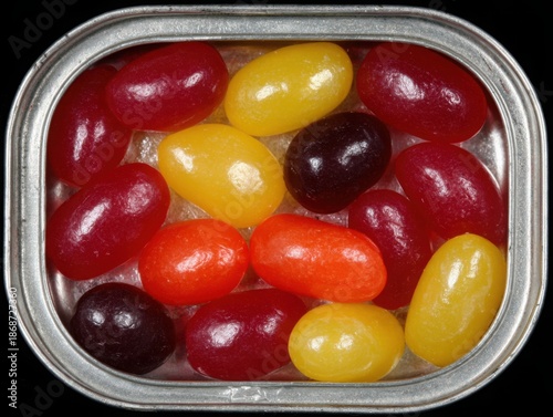 Colorful jelly beans in metallic container on dark background  